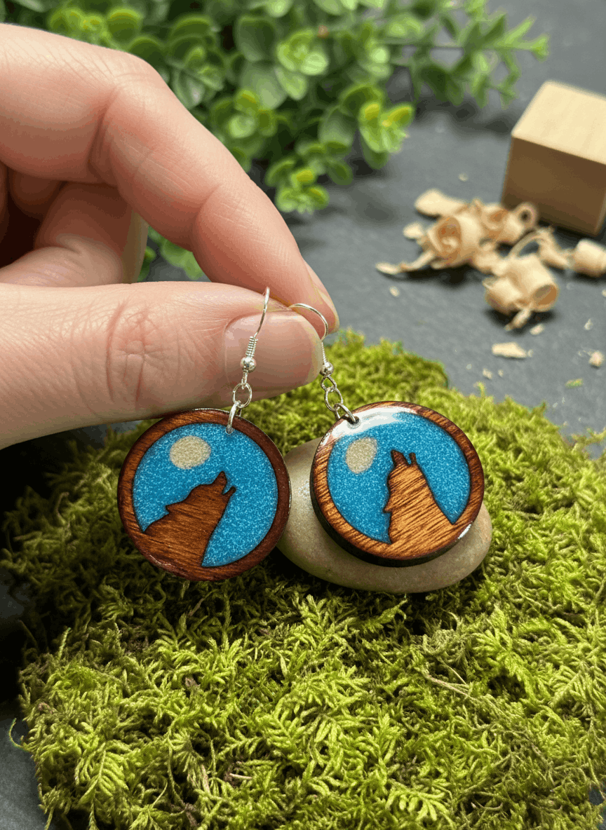 Pendientes artesanales homenaje al lobo ibérico – Madera y resina