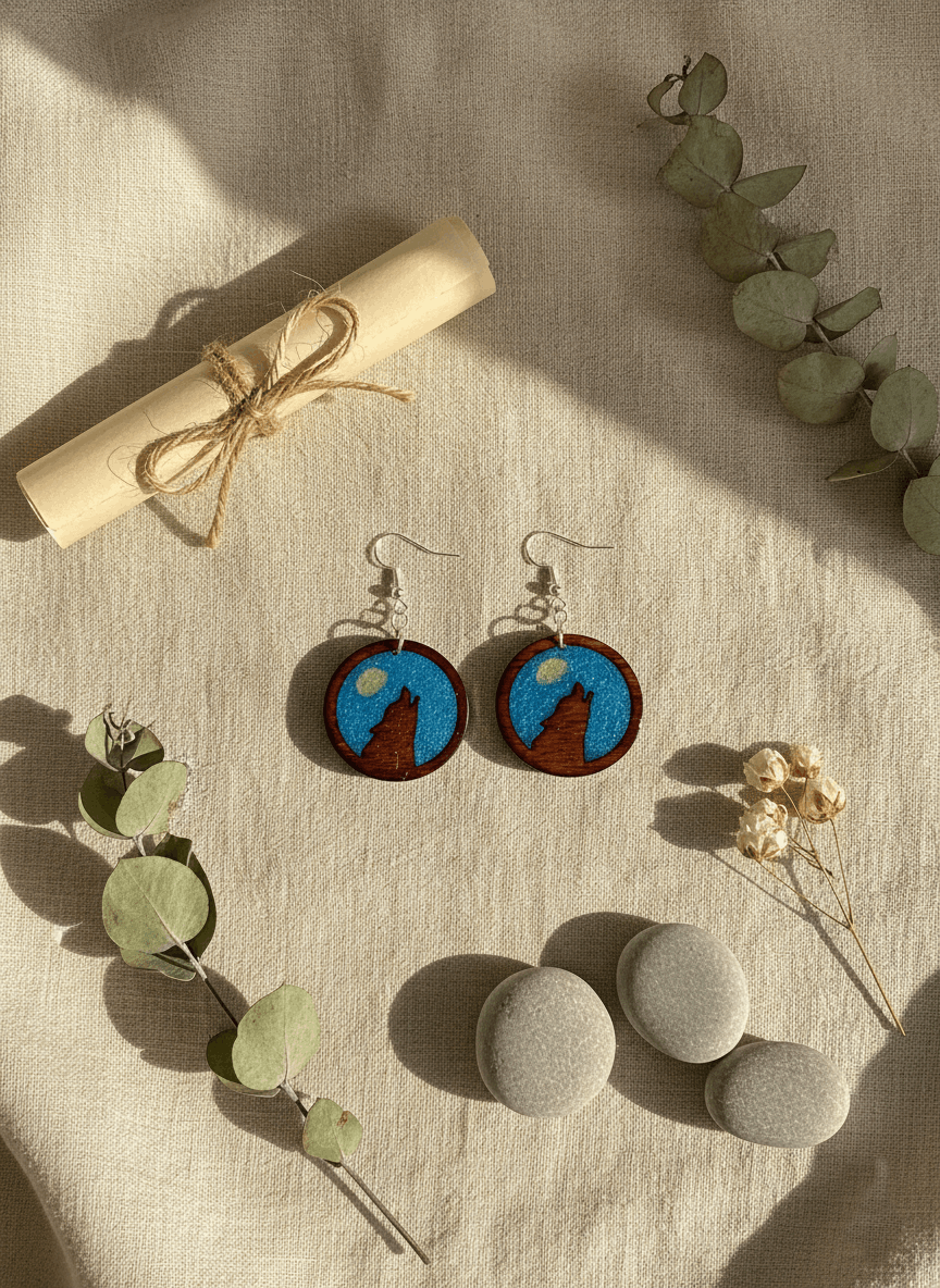 Pendientes artesanales homenaje al lobo ibérico – Madera y resina