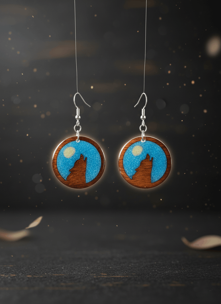 Pendientes artesanales homenaje al lobo ibérico – Madera y resina