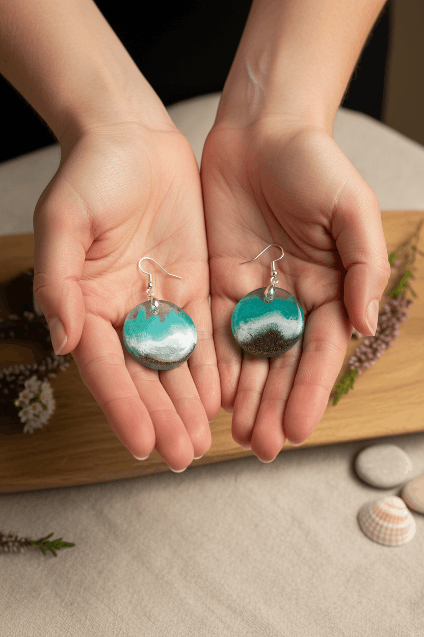 Pendientes artesanales mar Cantábrico – Resina y arena natural