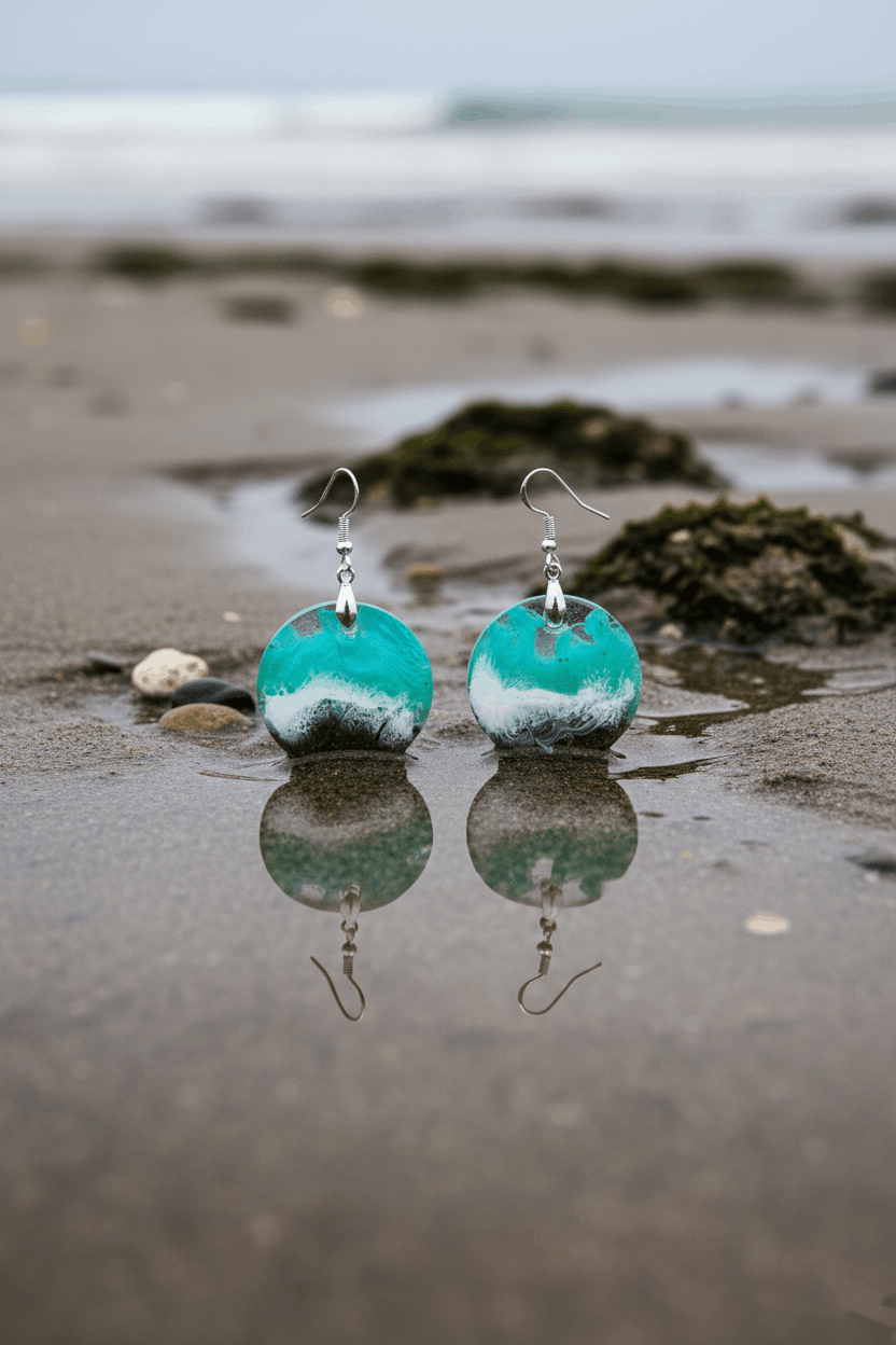 Pendientes artesanales mar Cantábrico – Resina y arena natural