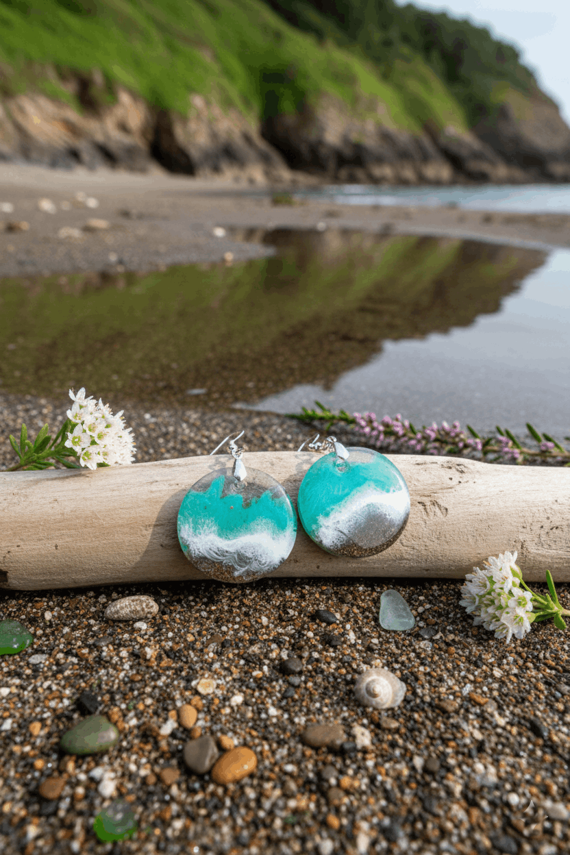 Pendientes artesanales mar Cantábrico – Resina y arena natural