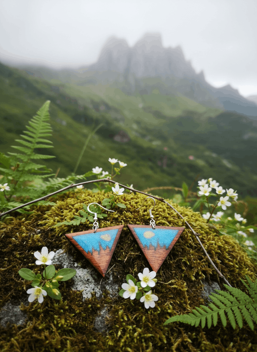 Pendientes artesanales montañas asturianas – Madera y resina