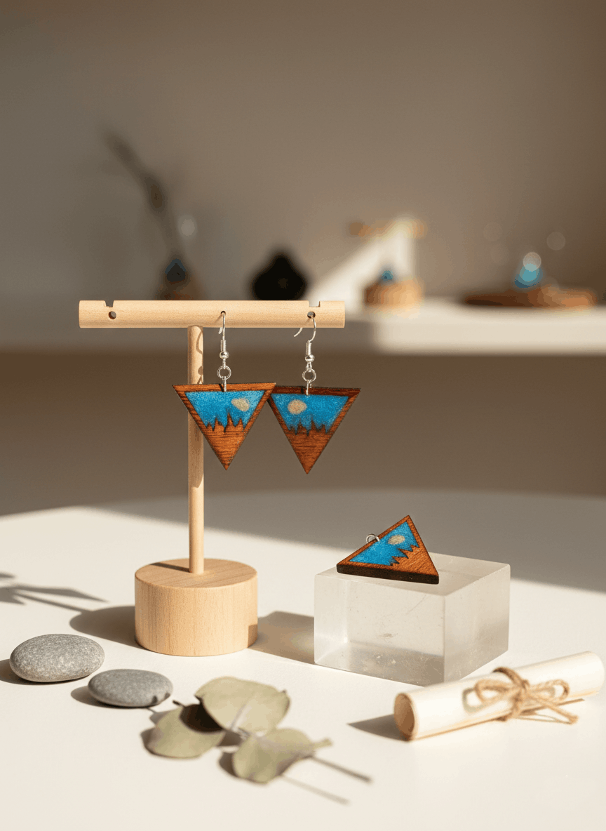Pendientes artesanales montañas asturianas – Madera y resina