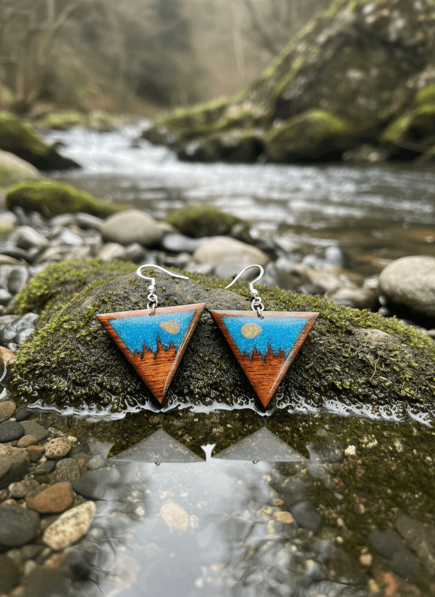 Pendientes artesanales montañas asturianas – Madera y resina