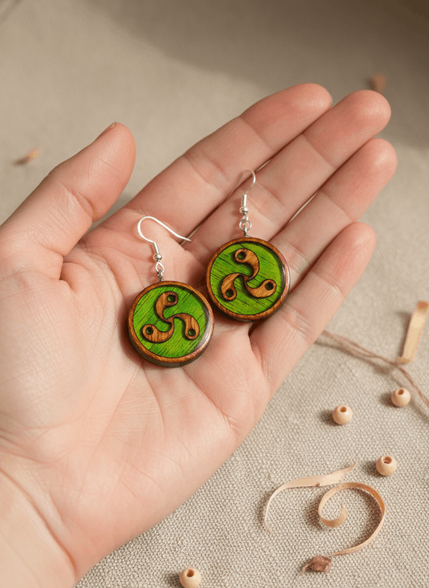 Pendientes artesanales trisquel – Madera y resina pintados a mano