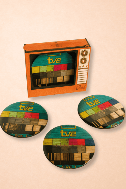 Posavasos “Carta de ajuste TVE” – Juego de 4 en caja de TV retro