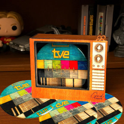 Posavasos “Carta de ajuste TVE” – Juego de 4 en caja de TV retro