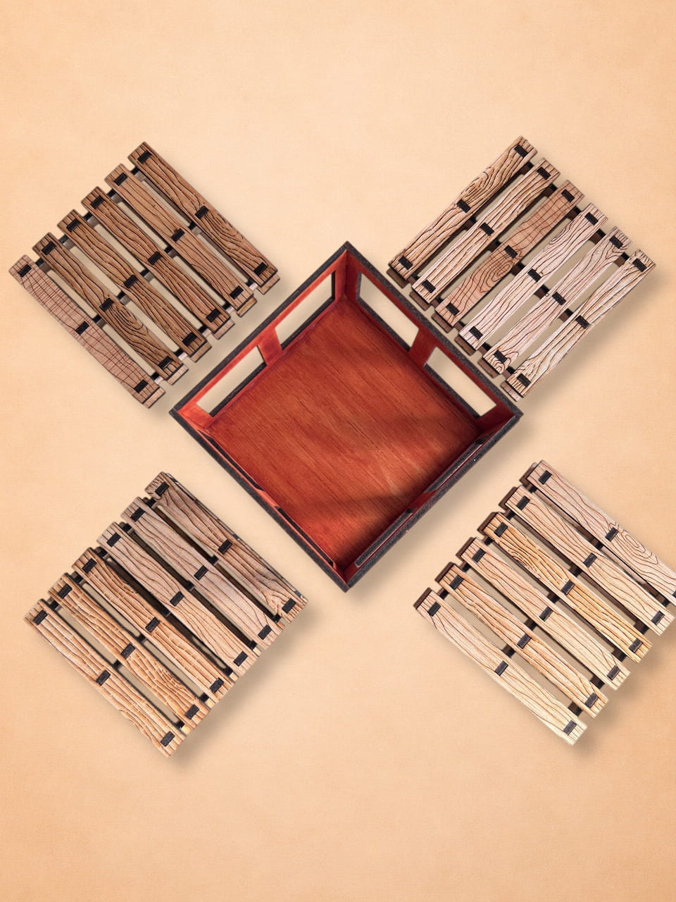 Pack de 4 Posavasos de Madera Diseño Palet con Caja Artesanal