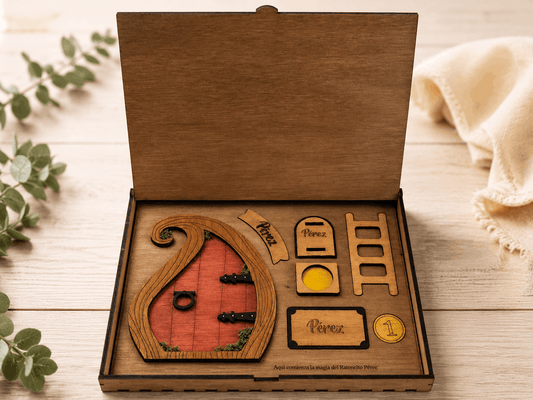 Puerta del Ratoncito Pérez de madera artesanal con caja regalo
