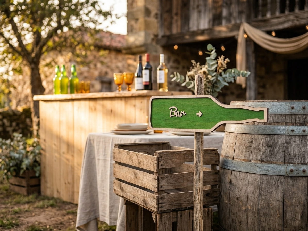 Señal de boda personalizada en madera – Flecha direccional efecto sidra