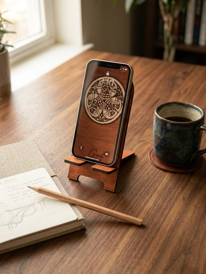 Soporte para móvil de madera grabado – diseño celta artesanal