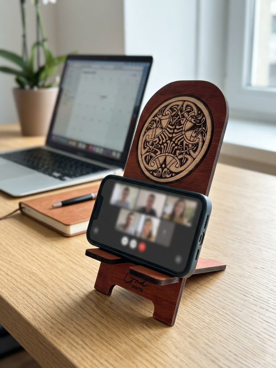 Soporte para móvil de madera grabado – diseño celta artesanal