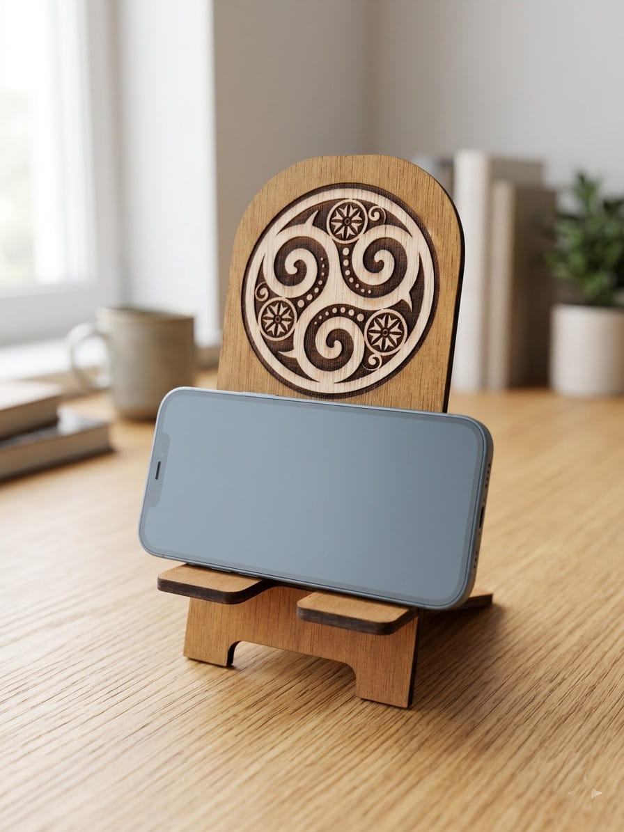 Soporte para móvil de madera grabado – diseño celta artesanal